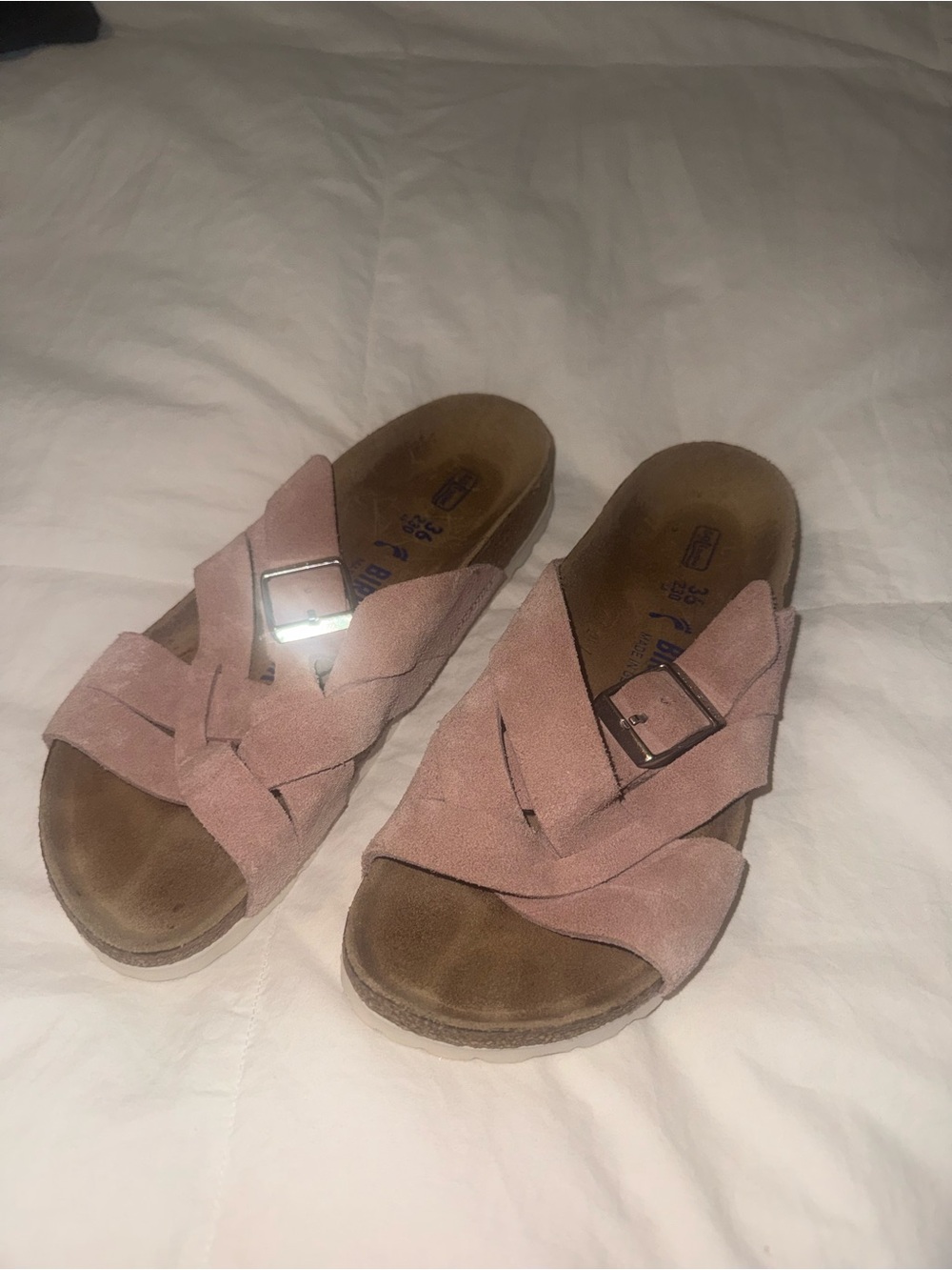Birkenstock Pink Suede Crisscross Slide Sandals with Buckle